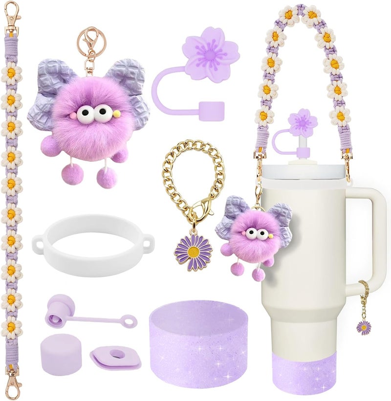 vikgle Stanley Cup Accessories Set for 40oz & 30oz Tumblers - Handle Strap, Spill-Proof Stopper, Silicone Straw Cover, Boot Base Protector, Keychain & Handle Charms(Purple) - Image 1